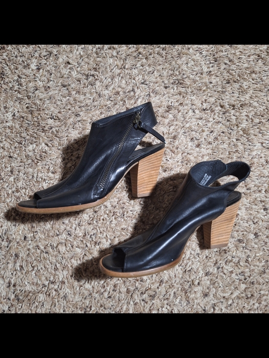 Paul Green Shoes - Paul Green Black Leather Peep Toe Slingback Bootie Stacked Wood Heel